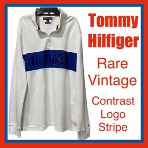 Tommy Hilfiger Long Sleeve Polo Shirt 80’s 90s Rugby Color Block Logo White Blue